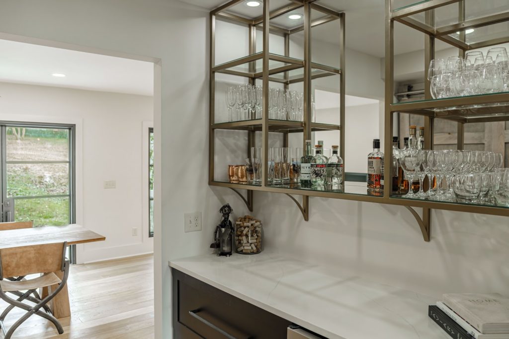 Wet bar with metal shelving