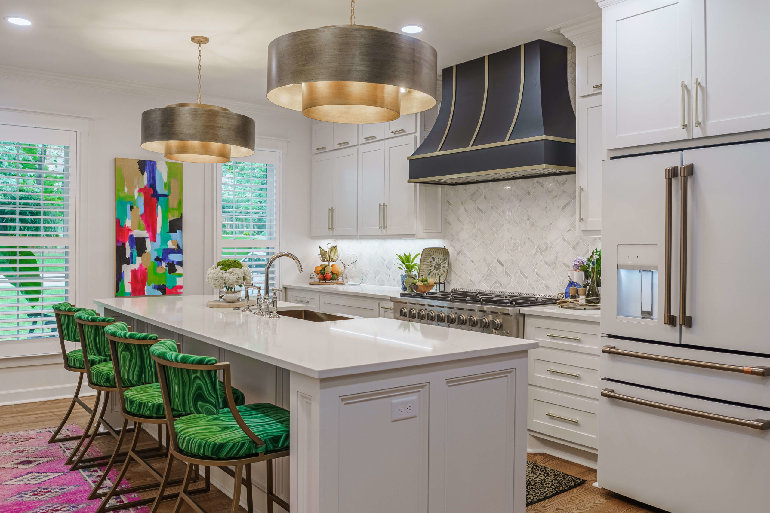 Kitchen Island with color eclectic green chairs